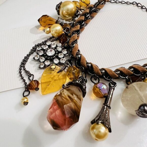 Art Glass Dangle Charm Bracelet Faux Pearl Leather Rhinestone Dangle Earth Tone - Picture 9 of 13